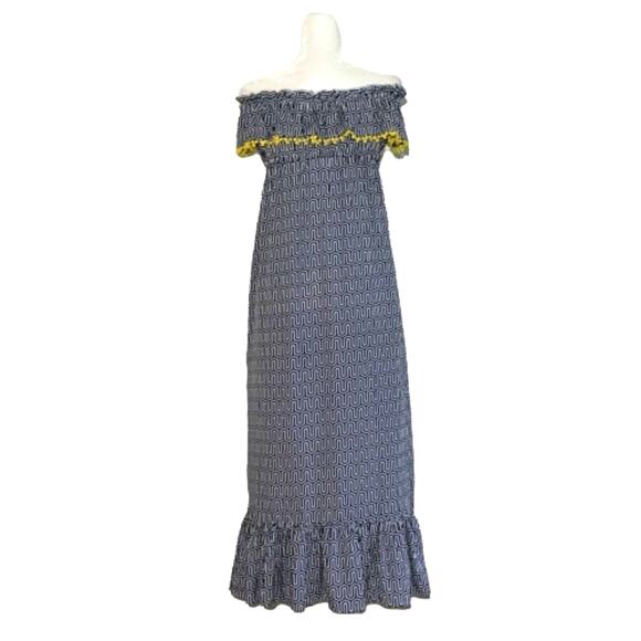 Mud Pie Maxi Dress Blue White Pattern Yellow Tassels Strapless Flowy Dress Small - Picture 2 of 12